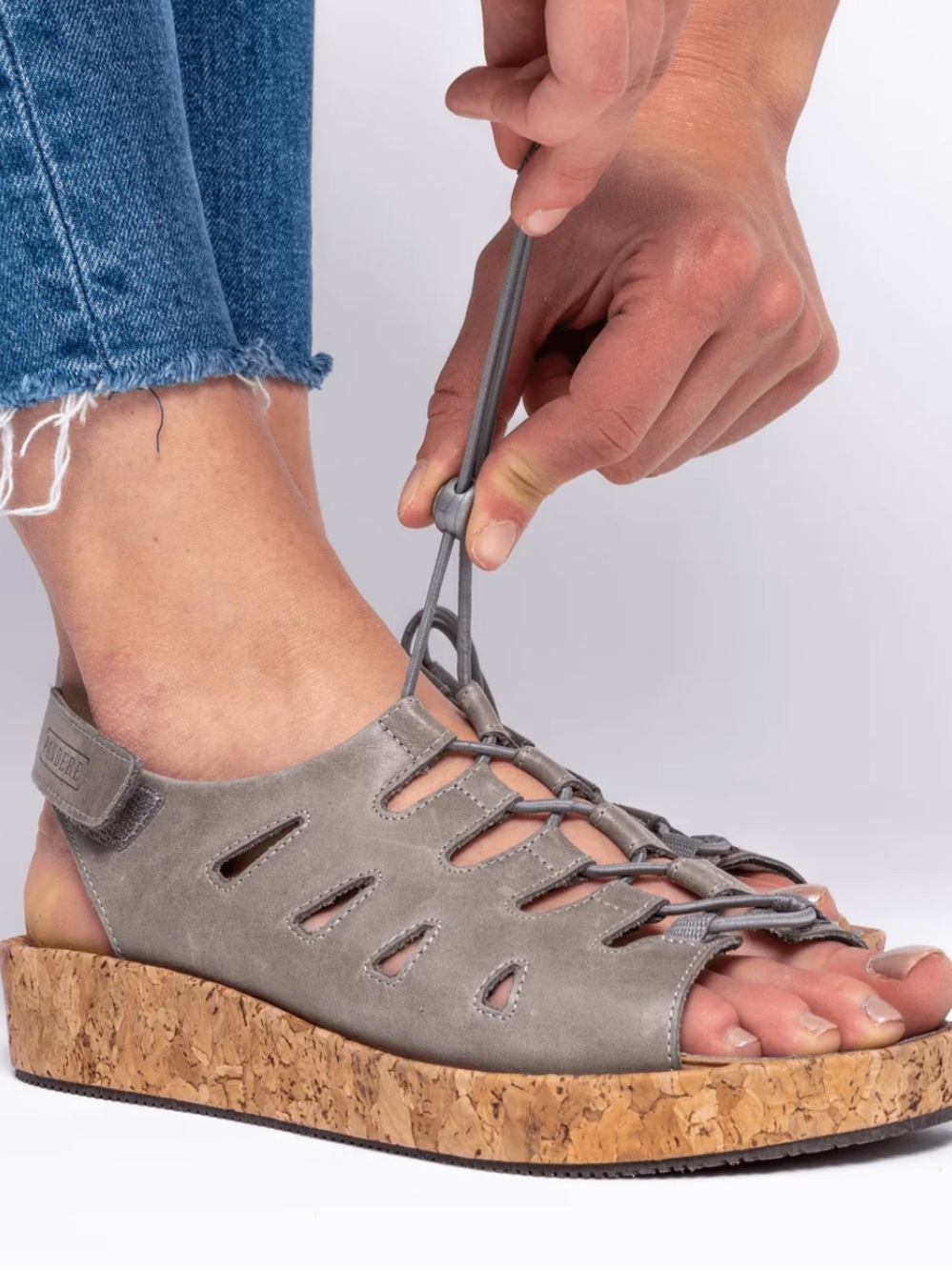 Pandere Traveler Gray Cork-Trim Sandals with Toggle Bungee Lacing